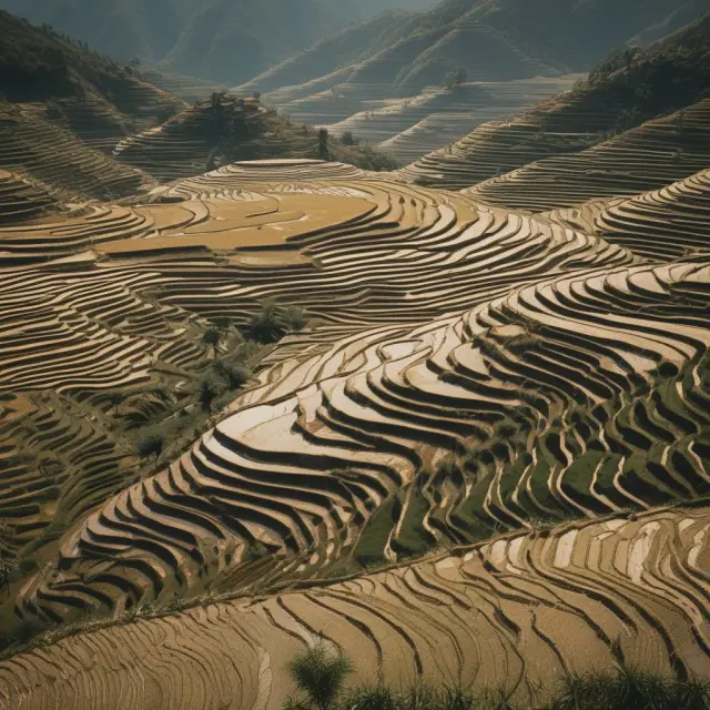 An image depicting the transformation of fertile rice paddies into barren hills as a metaphor for the human cost of failed economic policies during the Great Leap Forward.