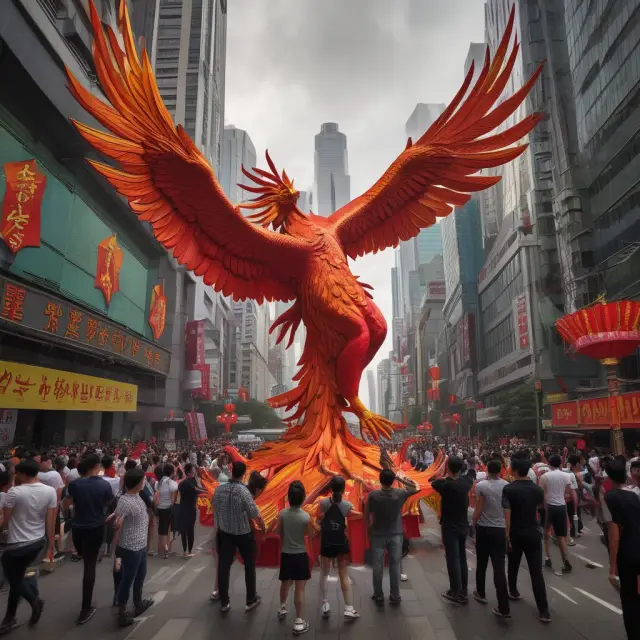 Phoenix symbolizing China, rising from economic ashes, amidst scenes of industrial and agricultural growth, infrastructure development