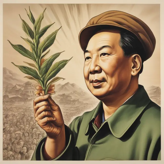 Mao Zedong planting a magical seed that grows into industrial factories, reflecting China