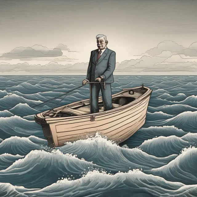 A fed chairman navigating a calm sea with economic tides changing around him, representing monetary policy during the Great Moderation
