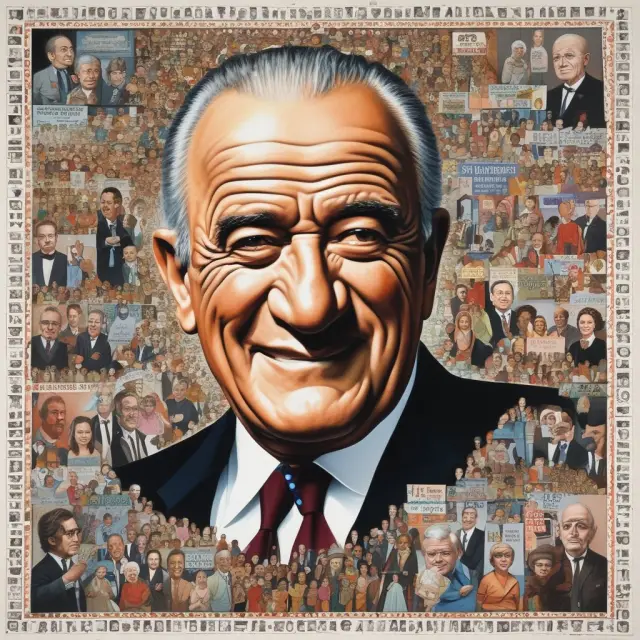 A collage depicting President Lyndon B. Johnson surrounded by key Great Society programs, symbolizing social progress and inclusivity