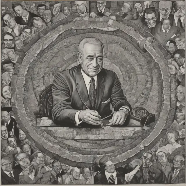 President Johnson weaving a tapestry representing the Great Society vision with civil rights as an essential thread