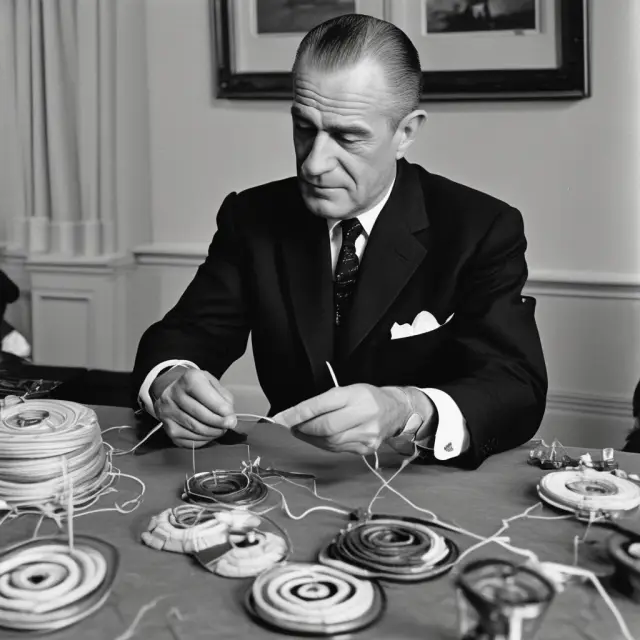 President Lyndon B. Johnson weaving threads together, symbolizing the creation of Medicare and Medicaid programs, connecting healthcare coverage for millions of elderly and low-income Americans