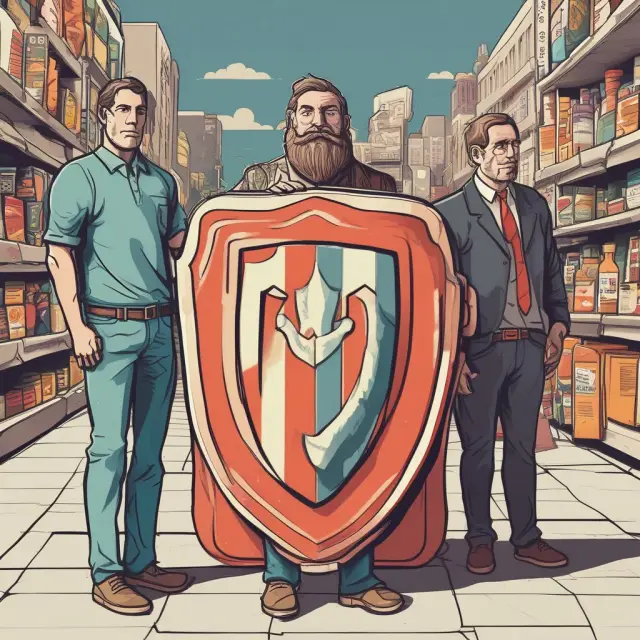 An image of a shield-wielding guardian standing before a line of consumers, emphasizing the Consumer Product Safety Commission