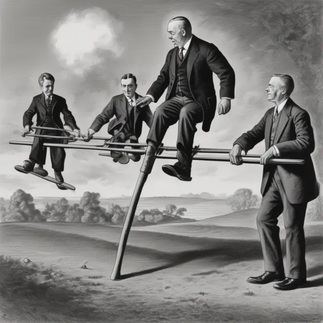 President Hoover on a seesaw, balancing between price and wage controls during the Great Depression