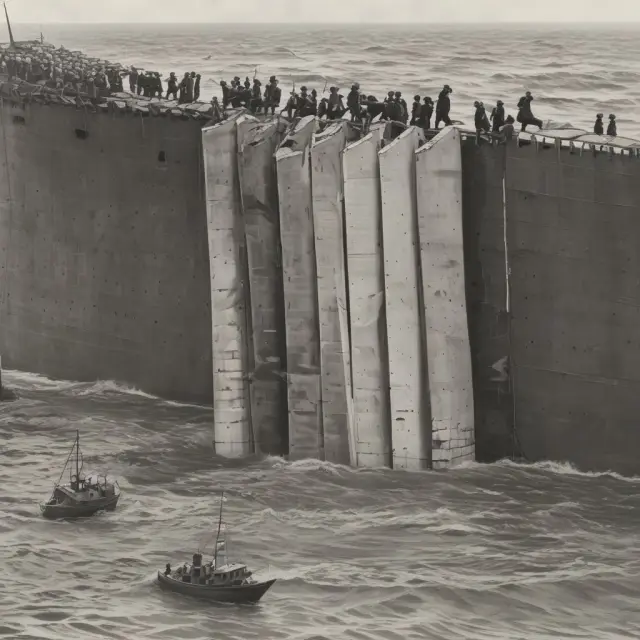 A large protective wall made of tariffs surrounds a sinking ship, representing the impact of protectionist policies during the Great Depression