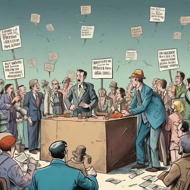 Image: A chaotic crowd of investors bidding on a dangerous, ticking time bomb labeled 