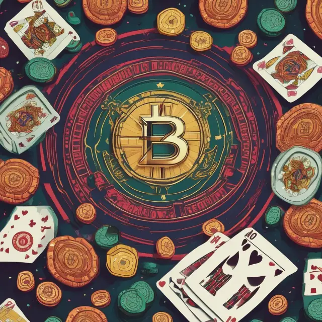 A digital casino table filled with Bitcoin chips and a jester card, representing investors following the Greater Fool Theory while buying overvalued cryptocurrencies.