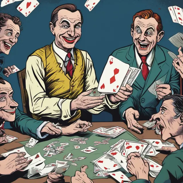 A scene of foolish investors playing a card game where they risk their fortunes on the hope that someone else (jokers) will pay more for overvalued securities