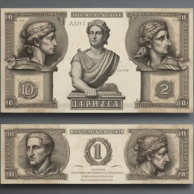 Ancient Greek silver drachmas morphing into modern Greek banknotes depicting various denominations