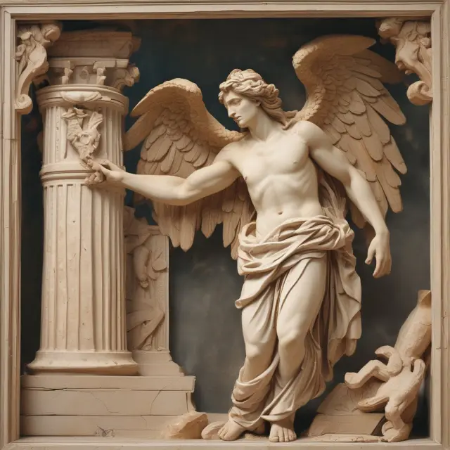 Ancient phoenix morphing into drachma coins amidst Greek ruins, symbolizing Greece