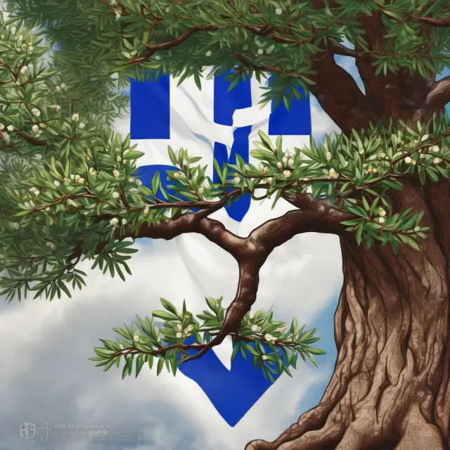 A blooming olive tree morphing into an oak tree beneath the European Union flag, illustrating Greece