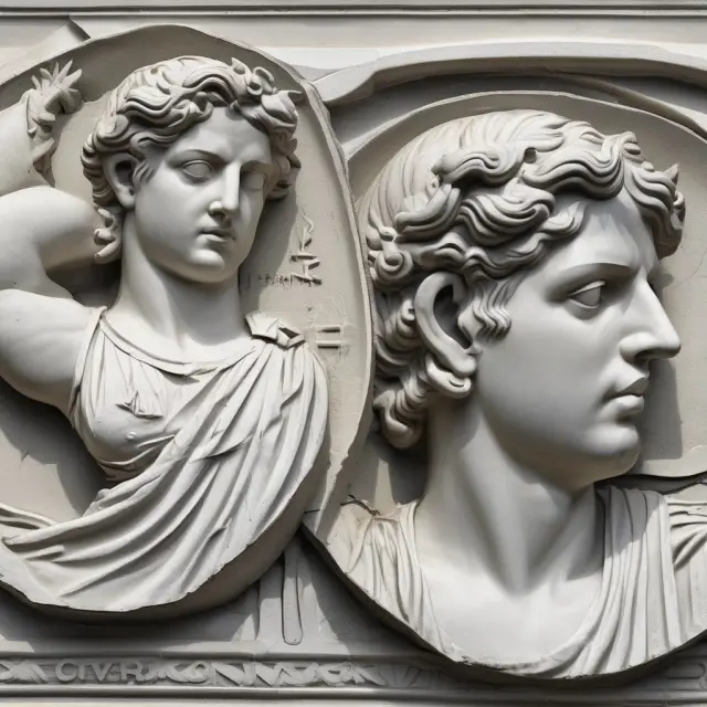 An image of two Greek statues, one holding a euro and the other an ancient drachma coin, symbolizing Greece
