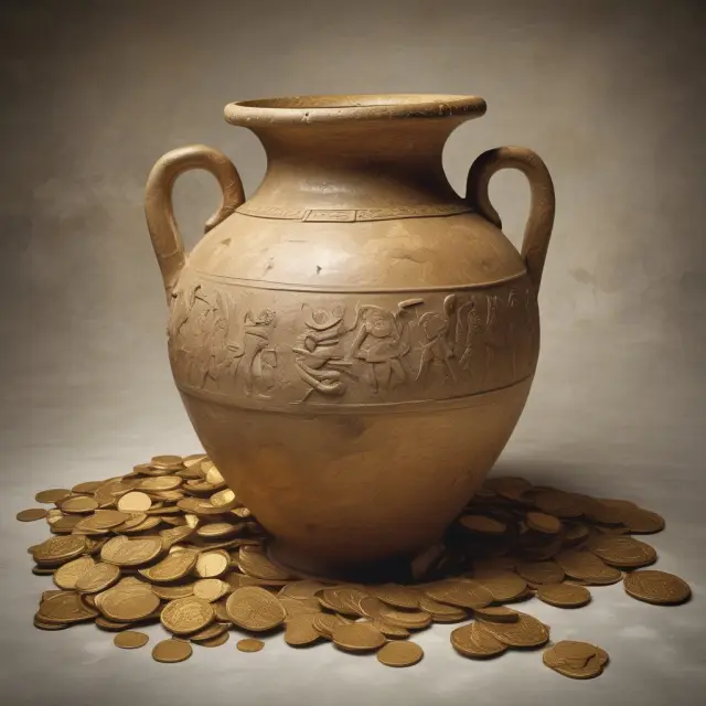 An image of an ancient Greek amphora filled with both gold drachmas and euros, representing Greece