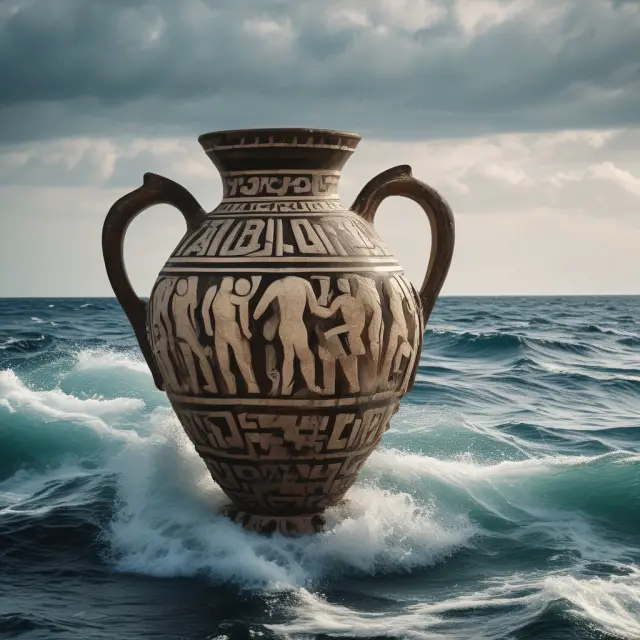 An ancient Greek amphora floating on a tumultuous sea, representing Greece