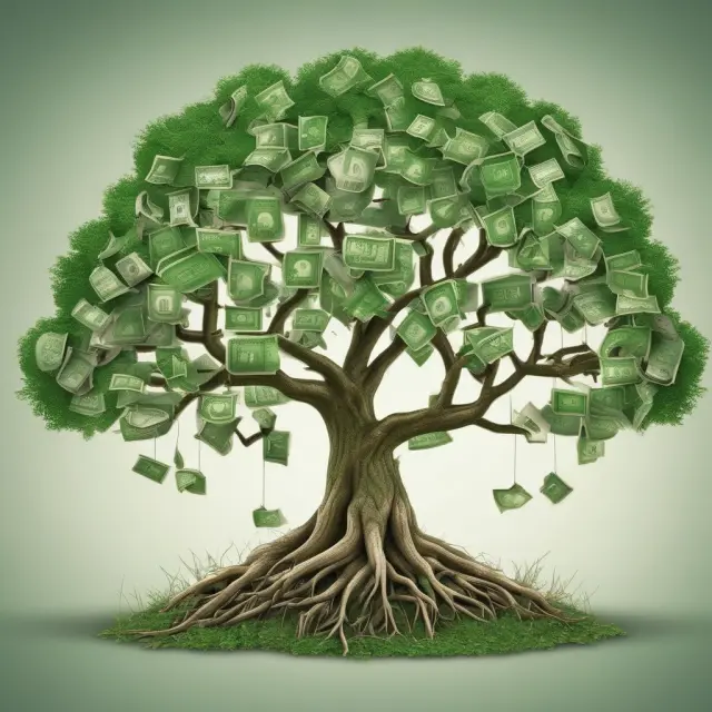 A tree with green leaves and roots representing various green bonds growing among other financial securities, emphasizing their role in sustainable investment growth.