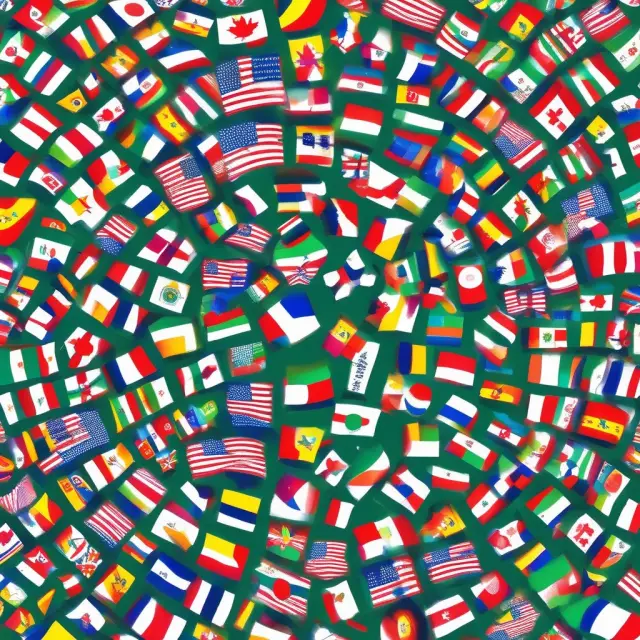 Vibrant flags merging in a kaleidoscope symbolizing global diversity and the Green Card Lottery program