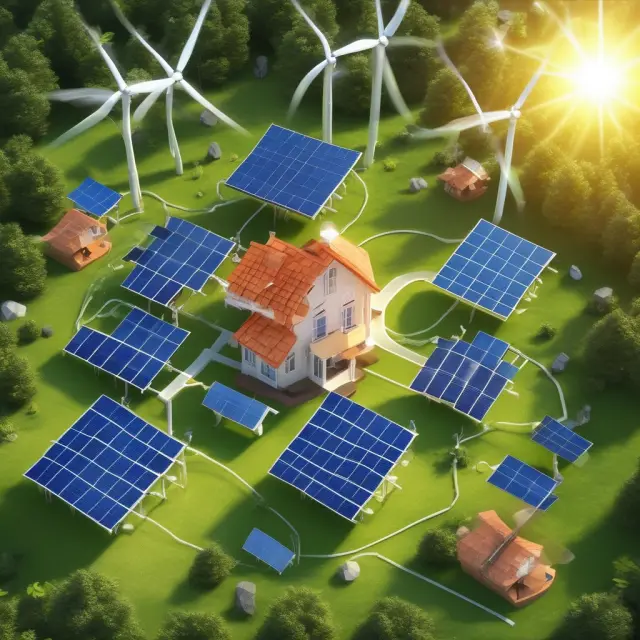 A harmonious image of solar panels, wind turbines, and geothermal steam vents growing together, symbolizing the expansion of renewable energy sources.