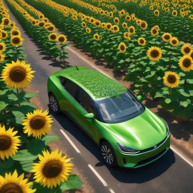 An image of a thriving forest comprised of green chip trees bearing electric vehicle leaves and renewable energy sunflowers, emphasizing the growth in the sustainable transportation sector.