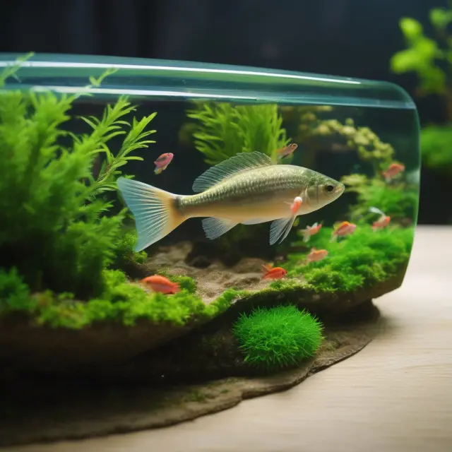 A serene underwater scene of a green wave nurturing fish in an eco-friendly aquarium, representing the water management and sustainable aquaculture sectors within green chip investments.