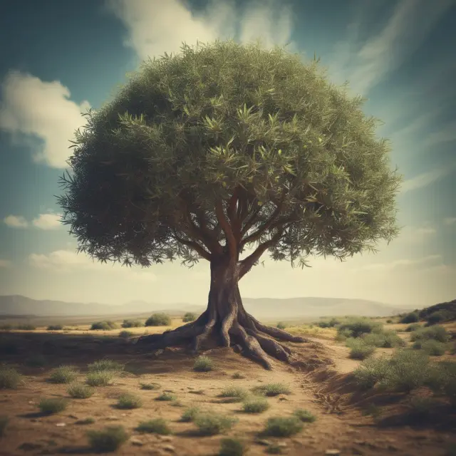 An olive tree with green leaves thriving amidst various financial securities symbolizes green bonds that finance environmentally friendly projects.