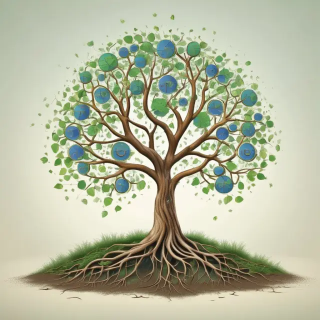 A solar-powered tree with interconnected roots symbolizing various green mutual funds, ETFs, and index funds