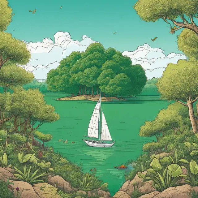 A sailboat sails through a serene river, guided by regulation riverbanks. Green seeds represent potential investments.