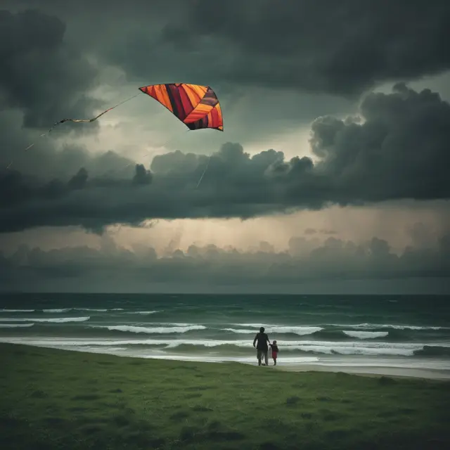 An image of a colorful kite flying high in a turbulent sky, representing the enduring nature of green investments despite market risks.