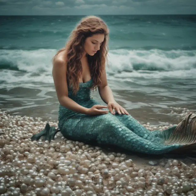 Mermaid sorting pearls in the sea while surrounded by papers and reports, representing investors thoroughly examining green investment offers to separate fact from fiction.