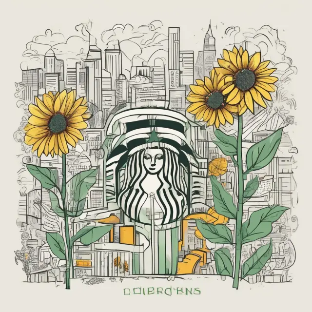 A starbucks store represented by a sunflower blooming in a field of corporate buildings, signifying the company
