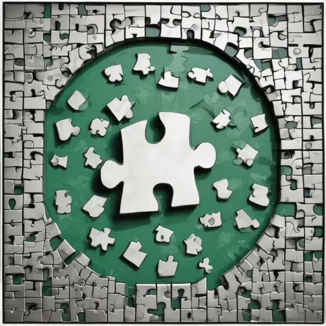 Reflective mirror showcasing a green puzzle symbolizing greenwashing. Keywords: Greenwashing, Mirror, Puzzle.