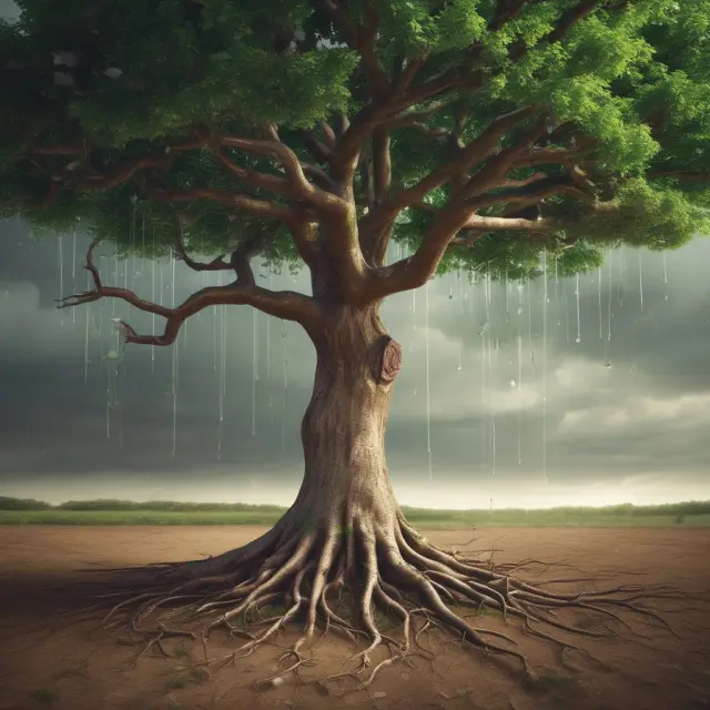 An eco-rooted tree with sustainable companies growing branches and being nurtured by rainfall from institutional investors