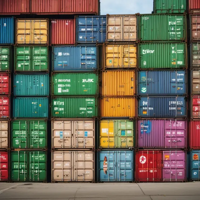 A chaotic scene of interconnected, tangled shipping containers representing the increased demand for online shopping on Green Monday, leading to substantial carbon emissions