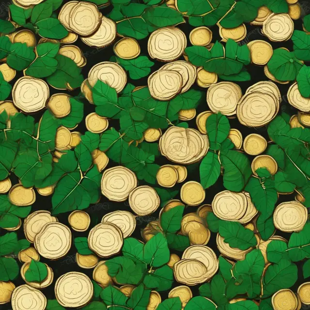 A waterfall of green leaves turning into gold coins, illustrating the fusion of environmental sustainability and financial gains in green funds.