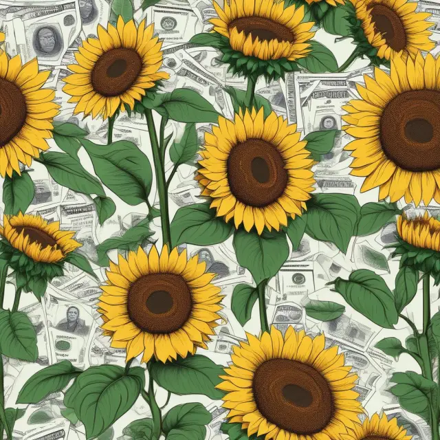 An array of sunflower fields thriving alongside a stock ticker chart, symbolizing the growth and outperformance of green funds