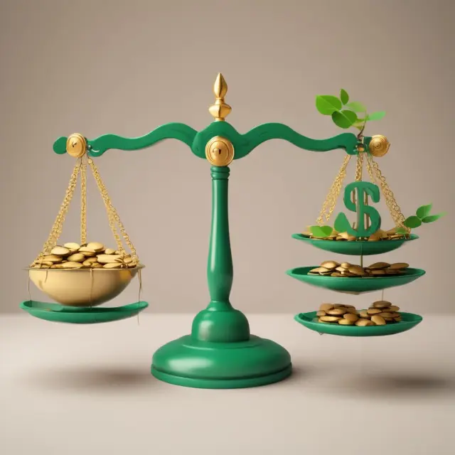 An image of a greenhand balancing scales with gold coins symbolizing potential higher fees and solar panel pieces representing the focus on environmental sustainability.