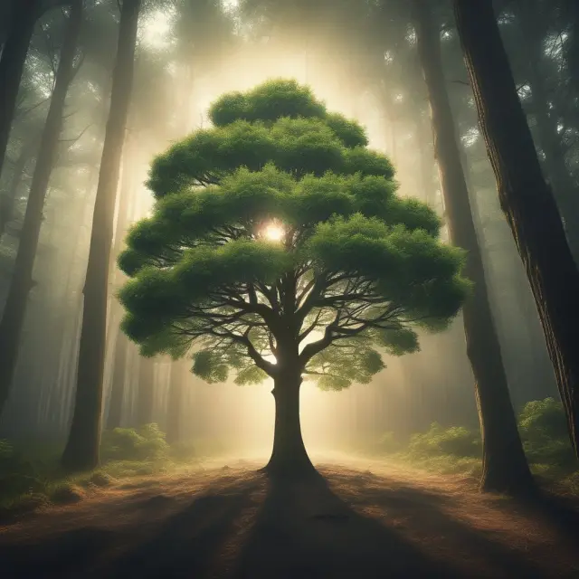 A government tree with outstretched arms providing support to a flourishing forest of sustainable investments, while regulations act as sunlight, fostering growth.