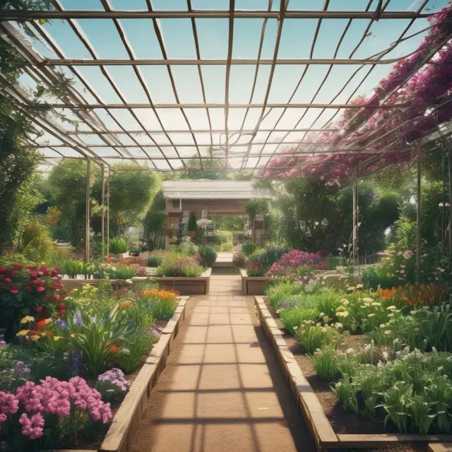 An eco-friendly garden filled with flowers representing renewable energy, EVs, agriculture, recycling, and carbon capture