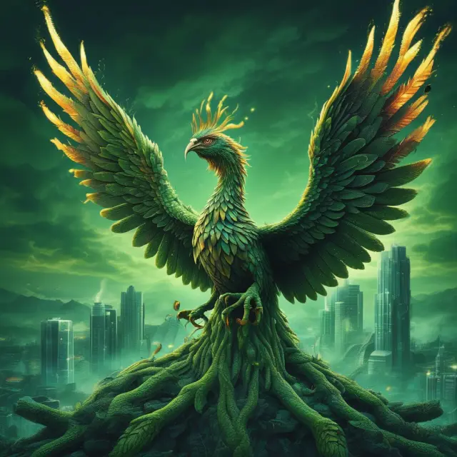 Image of a mythical phoenix emerging from a toxic sea, representing the transformative power of green technology.