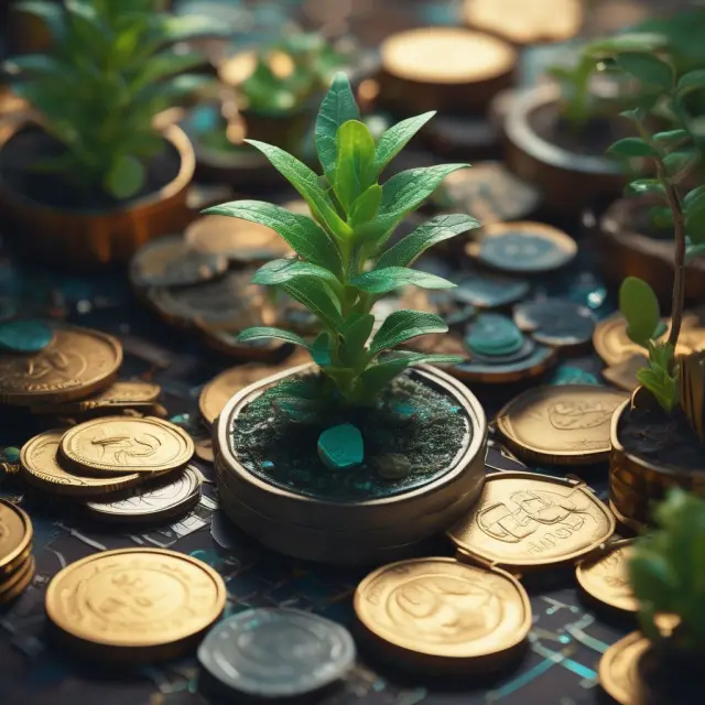 A green seedling growing amongst gold coins and tech components, representing the growth of green technology investments.