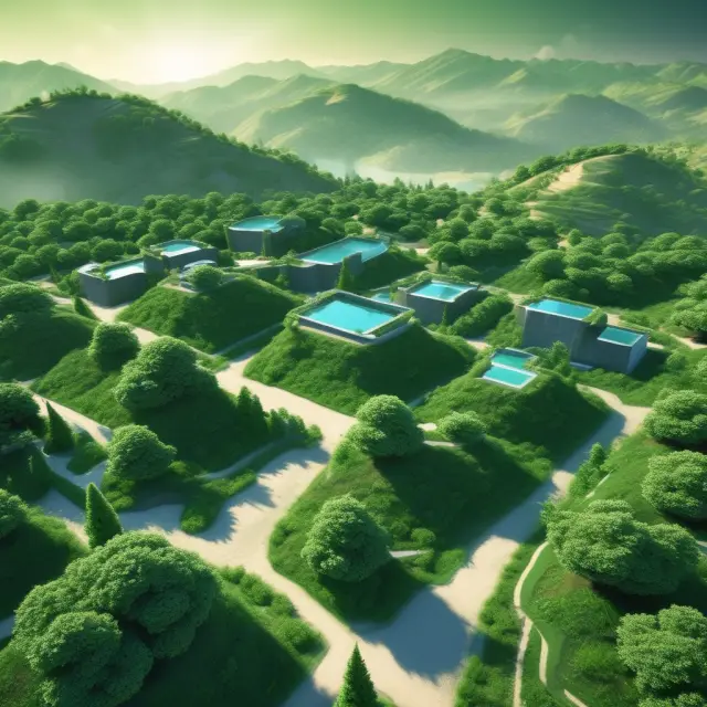 A verdant landscape with regulations and policies taking root as trees, setting the stage for the growth of green technology industries.