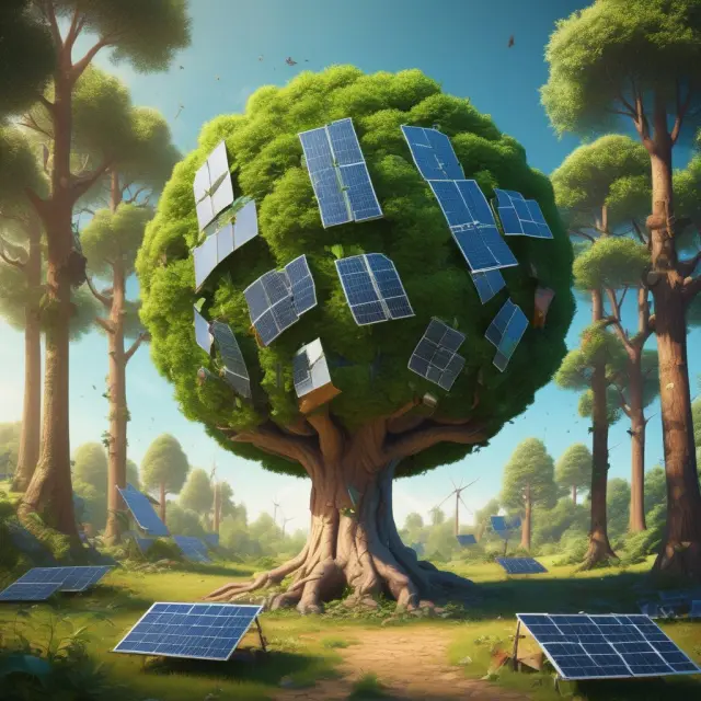 An acorn transforms into a towering tree, symbolizing the growth and progression of green technology, surrounded by solar panels and wind turbines in a lush forest