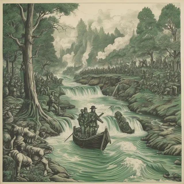 A vivid painting depicting the history of greenbacks, with a green ink river representing their impact during the American Civil War