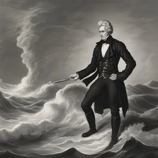 Andrew Jackson printing green demand notes amidst tumultuous waves and lightning strikes, symbolizing economic instability during the American Civil War.
