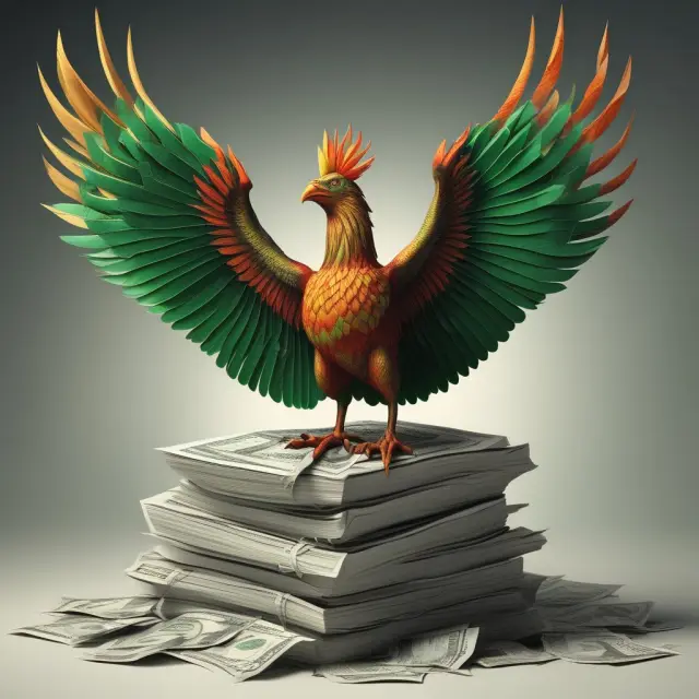 Image: A mythical phoenix emerging from a pile of greenback notes, illustrating the financial transformation brought by this historic law