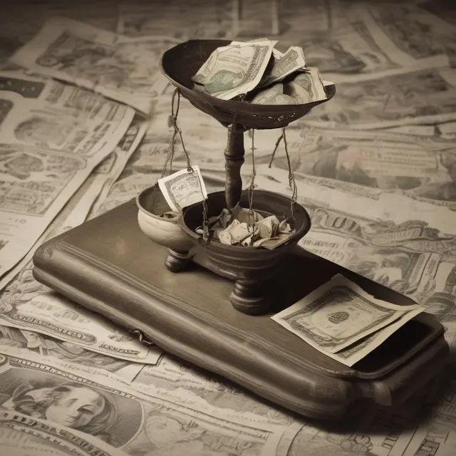 An old scale balancing demand notes and paper greenbacks, reflecting their significance in financing the American Civil War.