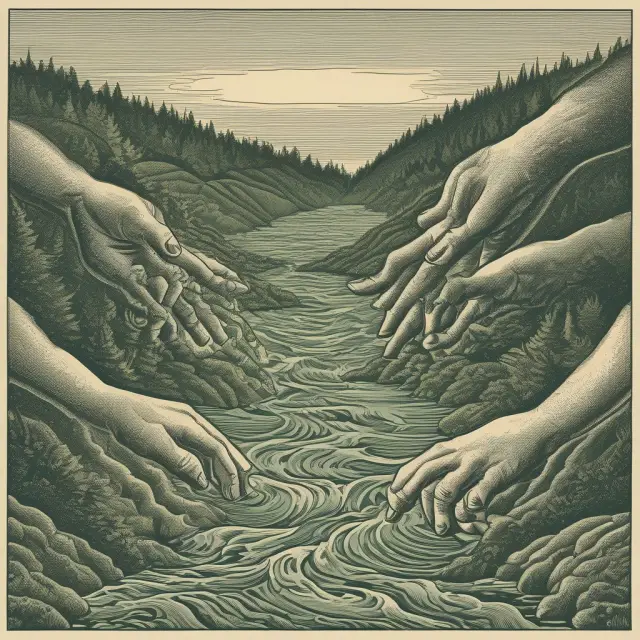 An image of a greenback river flowing between the hands of officials, representing government management and the economic changes brought by paper money during the U.S. Civil War.