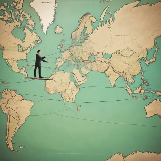 A businessperson on a high wire over various countries, representing the risks involved with foreign direct investments