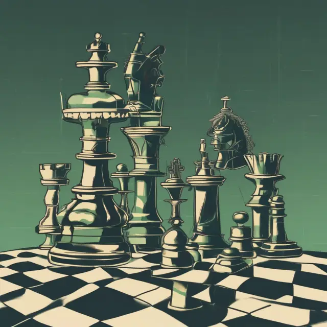 A greenmailer playing a strategic game of chess with a corporate target, representing the acquisition of shares, threat of takeover, and eventual profit