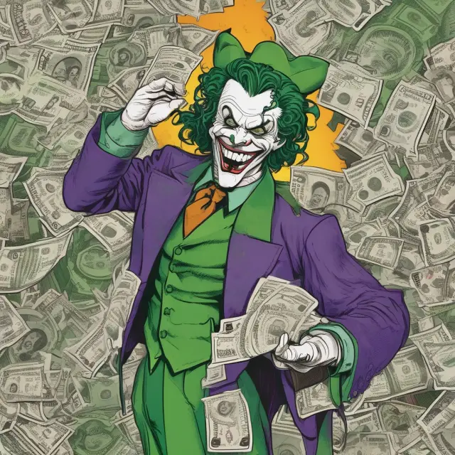 A jester holding a greenmail contract and balancing ethical concerns, value creation, and wealth redistribution on a scale